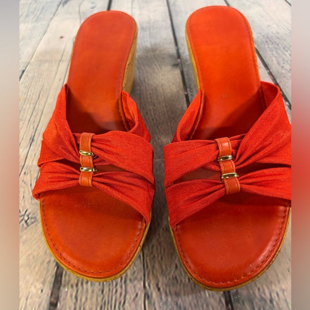 Italian Shoemakers Orange Y2K Funky Faux Cork Wedge Heel Slide Sandals Size 9